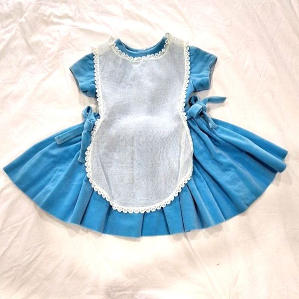 Toddler Dress Homemade Vintage Blue Velvet with White Pinafore